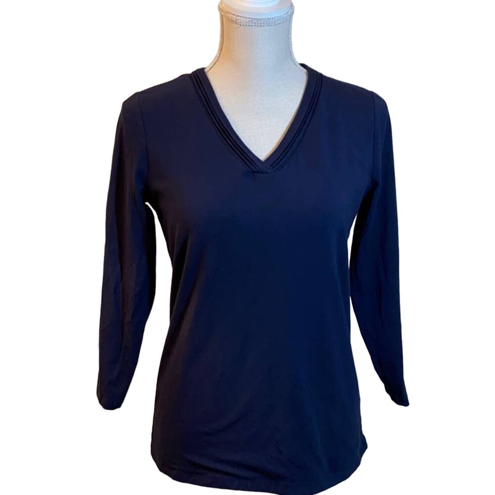 Women Talbots Navy Rayon Blend V-Neck with 3/4 Sleeves Small